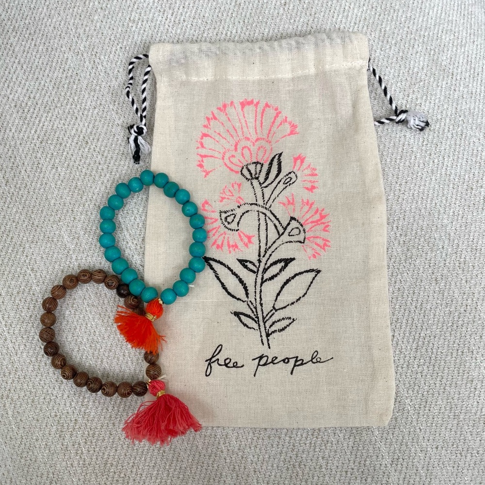 Free People Drawstring Pouch & Handmade Beaded Tassel Bracelets Bundle